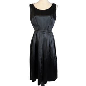 Vintage 1950s Black Satin Cocktail Dress | Full Skirt | Classic Pin-Up Midi